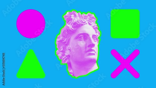 Pink antique human bust on blue background and colored cross triangle square circle. Ancient statue man. Stop motion animation. Apollo god sculpture face. Video 4K. GIF looped. Funky contemporary art.