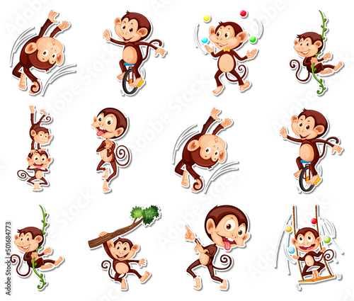 Sticker set of funny monkey cartoon characters