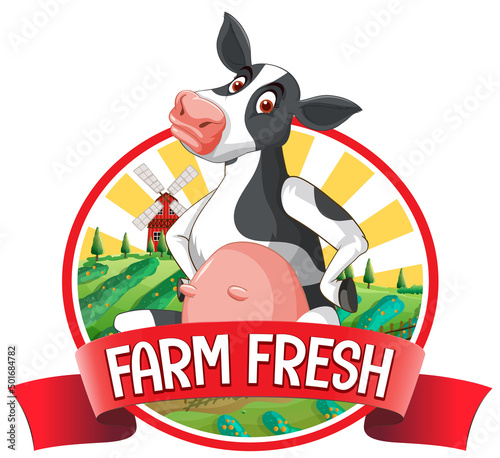 Cartoon cow with farm fresh label