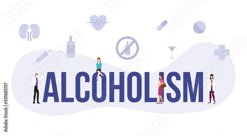alcoholism addiction concept with big word or text and people with modern flat style
