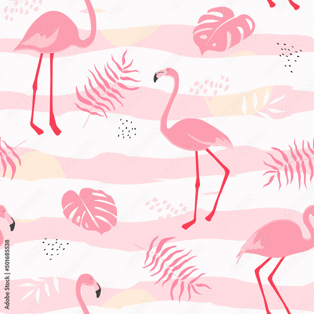 Obraz premium Seamless pattern with pink flamingos, tropical palm leaves, monstera. Summer abstract ornament. Vector graphics.