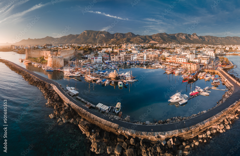 Panoramic view over Kyrenia Castle and Harbor in Kyrenia, Nothern Cyprus