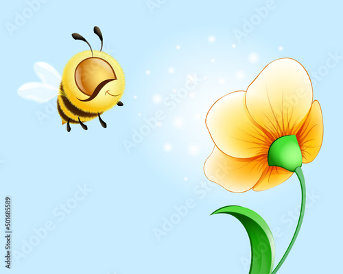 Cute funny cartoon fluffy bee flies to the smell of the flower.