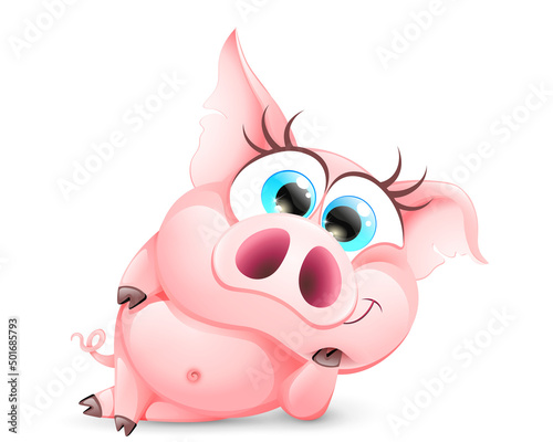 Funny cute cartoon pink lying cartoon girl pig. Isolated