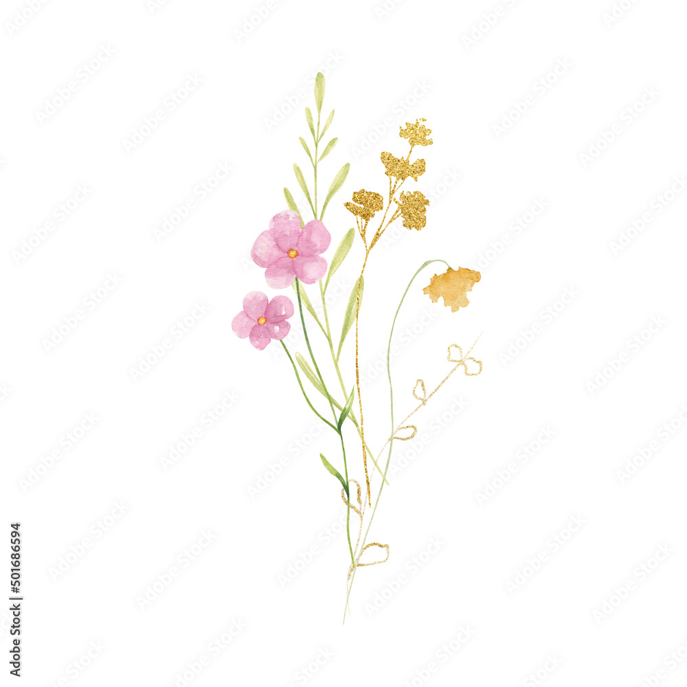 Wildflower bouquet watercolor, golden leaves. Summer floral art composition. Wildflowers greeting card 