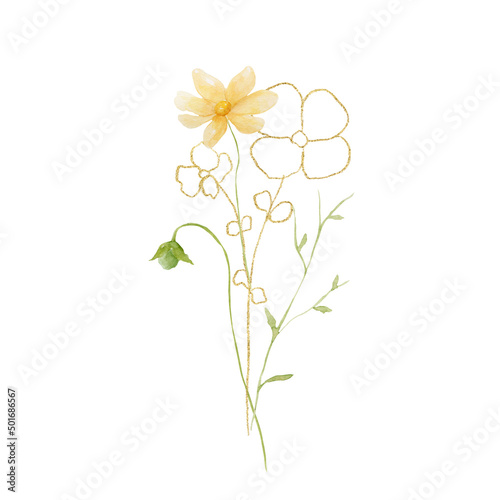 Wildflower bouquet watercolor, golden leaves. Summer floral art composition. Wildflowers greeting card  © Tanya Trink