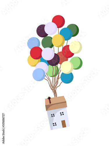Rural house fly tied up on multi-colored air balloons.