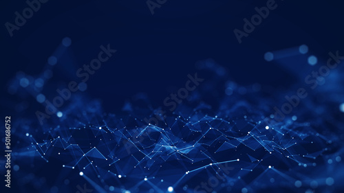 Abstract concepts of cybersecurity technology and digital data protection. Protect internet network connection with polygons, dots and lines with dark blue background, center focus, side blur.