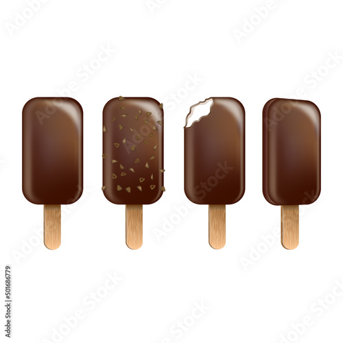 Set of ice cream with chocolate glaze and nuts on a stick. Сhocolate popsicle on a stick , whole and bitten with filling. Realistic 3D vector food posters and summer banners.