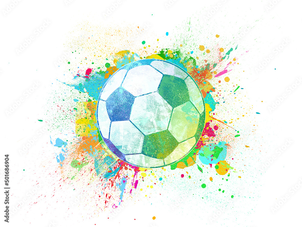 illustration of soccer ball, football on white background with colorful brush painting