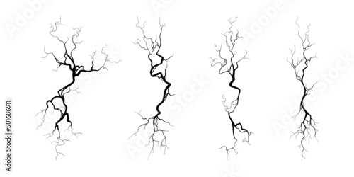 Crack on concrete or ground due to aging or drought. Set of fissures isolated in white background. Monochrome vector illustration