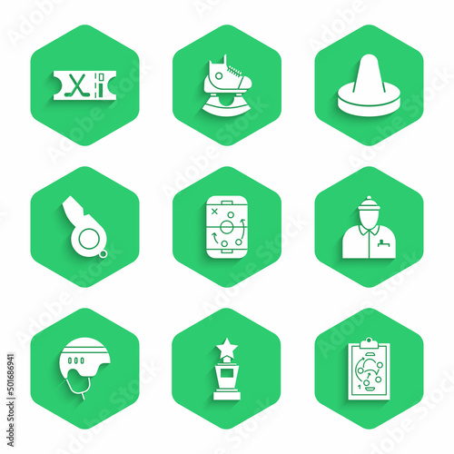 Set Planning strategy, Award cup, Hockey coach, helmet, Whistle, Mallet for playing air hockey and sports ticket icon. Vector