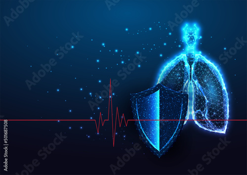 Futuristic lungs protection, pulmonary diseases health care concept with anatomical lungs and shield