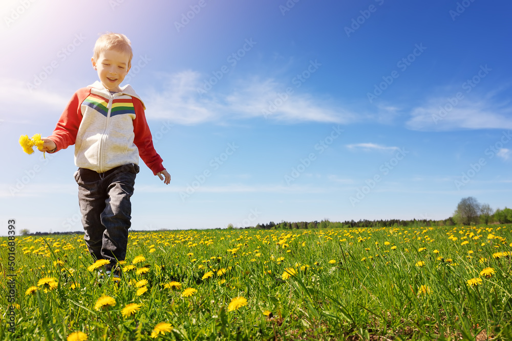 Cute child running outdoors in nature with bunch of dandelions Cute child running outdoors in nature with bunch of dandelions