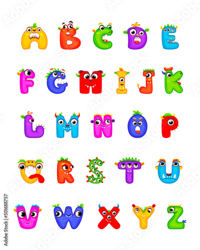 English alphabet with funny monsters. Set of Monster funny cut aphabet with English letter. letters. Colorful cartoon children Education and development of children detailed colorful Illustrations