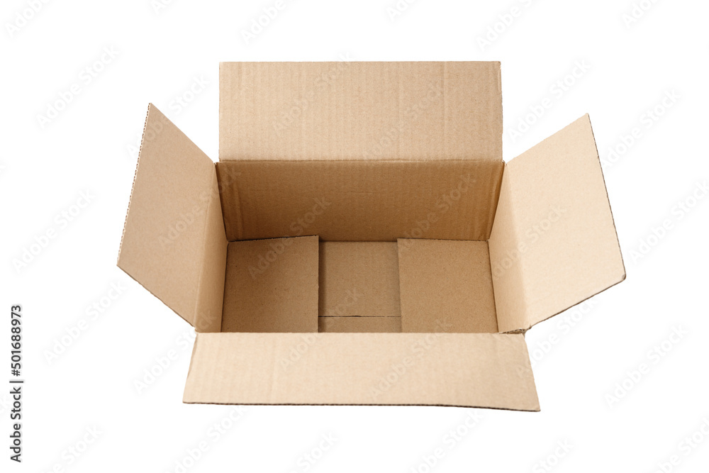 Open empty cardboard box isolated on white