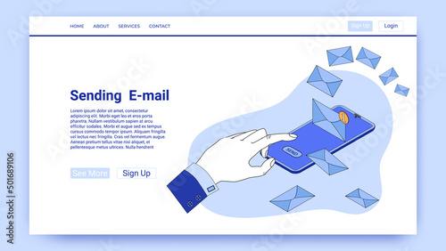 Sending  E-mail.Using a smartphone to communicate between people.An illustration in the style of the landing page is blue.