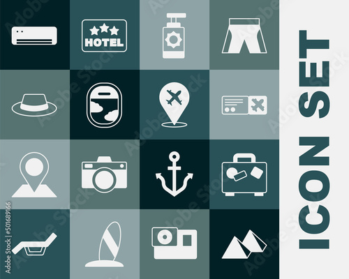 Set Egypt pyramids, Suitcase, Airline ticket, Sunscreen spray bottle, Airplane window, Man hat with ribbon, conditioner and Plane icon. Vector