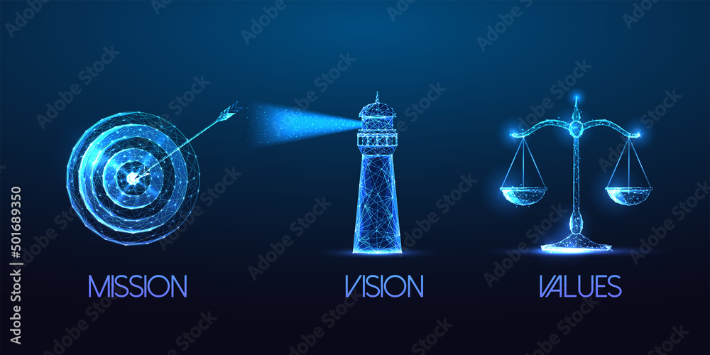 Futuristic mission, vision, values concept with glowing target ...