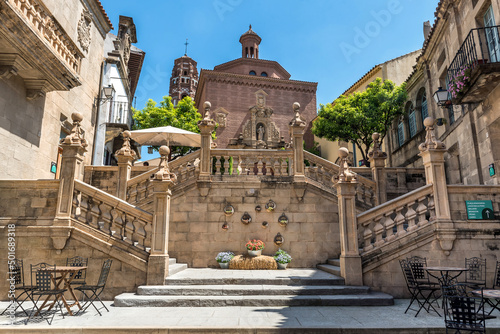 Vintage stairs in Spanish village (Poble Espanyol) museum open air in Barcelona. Spain. Traditional building in old town. Scenic landscape landmark. #501689318