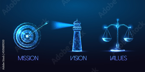 Futuristic mission, vision, values concept with glowing target, lighthouse and scales symbols photo
