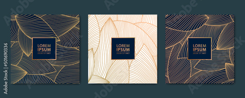 Vector set of gold line leaf cards, square luxury design patterns, borders, frames. Use for package, social net post, invitations, banners, flyers, labels.