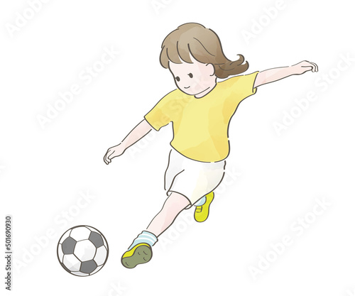 サッカーをする女の子の水彩風イラスト