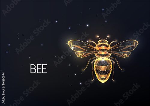 Abstract golden bee, honeybee made of lines, stars, polygons isolated on black background. 