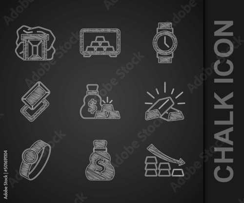 Set Bag of gold bars, Old money bag, Falling arrow with, Gold, ring, Wrist watch and mine icon. Vector