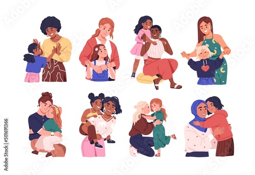 Mothers and daughters set. Happy moms and girls kids hugging, laughing, smiling together. Love, friendship, unity of diverse mums and children. Flat vector illustrations isolated on white background photo