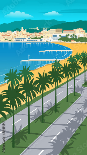 cannes city scenery Côte d'Azur, France, a famous tourist destination with beautiful beaches. On the Mediterranean. Illustration of famous CANNES, FRANCE in Gavroche with beautiful buildings, popular  photo