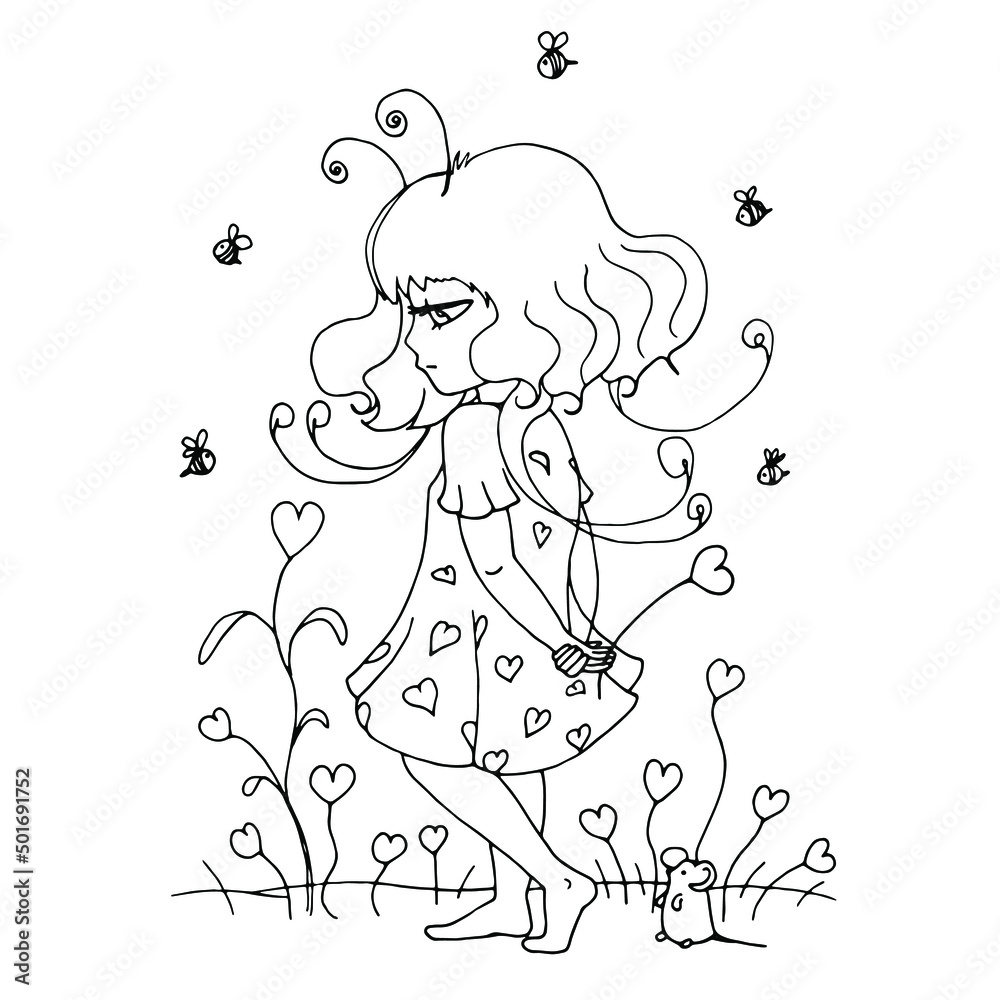 vector coloring page with  cute girl, line illustration