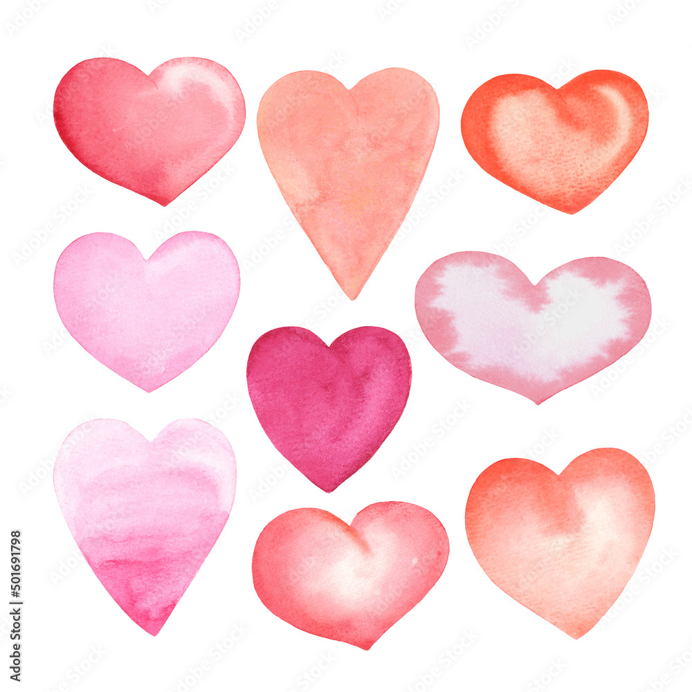 A set of watercolor hearts. Vector illustration, set of hearts for Valentine's Day