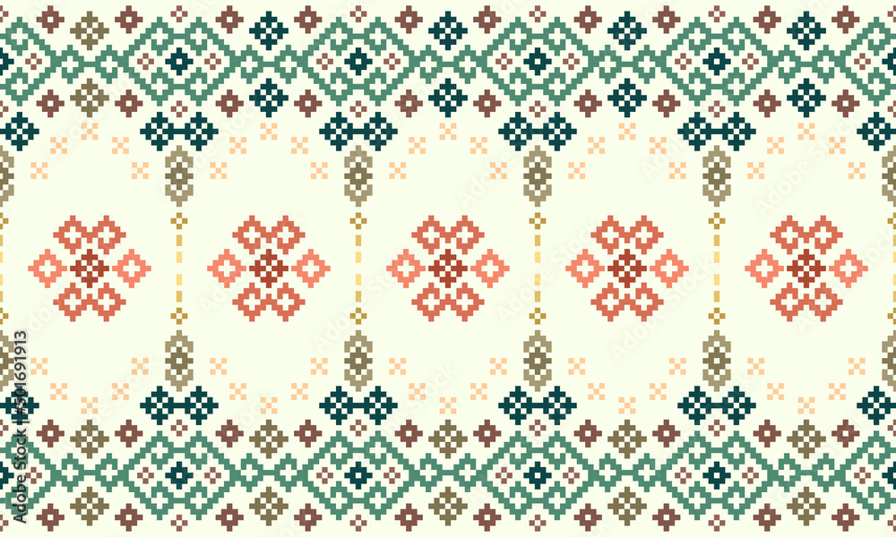 Cross Stitch Pixel Pattern. Ethnic Patterns. Abstract art. Design for carpet, wallpaper, clothing, textile, pillow, curtain, bedsheet, table runners. Vintage Style. Vector illustration.
