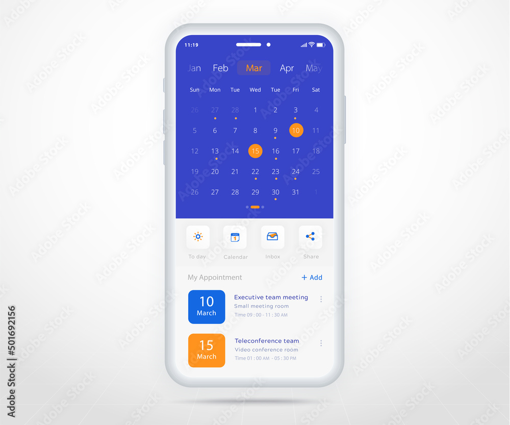 Vettoriale Stock Mobile app calendar planner concept, Appointment calendar  template UI UX, Smartphone calendar schedule agenda annual planning meeting  application, Calendar events, Activity, Event app, Vector phone | Adobe  Stock