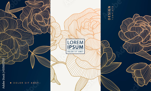 Vector artdeco luxury flower line pattern, golden background. Hand drawn peonies for packaging, social media post, cover, banner, creative post and wall arts