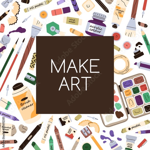 Art school background of square shape. Painting workshop, craft class promoti...