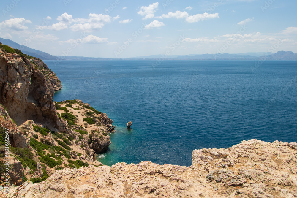 Beautiful seascape, amazing cliffs on mediterranean sea, summer vacations, Greece
