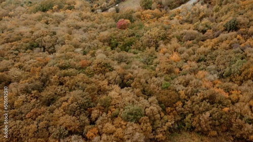 drone footage from above. camera movement that reveals a village and countryside at the base of the mountain. Color correction to adapt footage for fall/winter videos photo