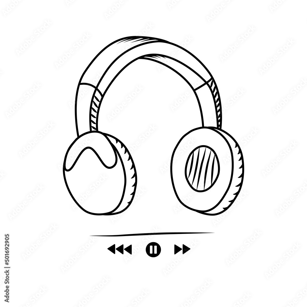 Hand drawn wireless headphones on white background. Simple doodle