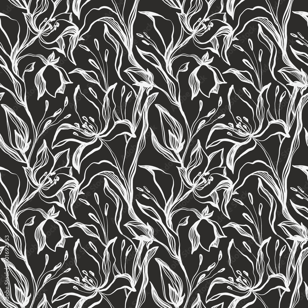 Fototapeta premium Contour seamless pattern elegant silhouette flower bud tulip. Print for fabric, textile, wallpaper, covers, packaging, paper