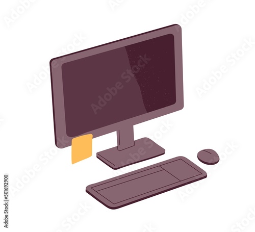 Sticky post note on desktop computer screen. Memo paper, reminder on office monitor. Blank yellow memory sticker, notice on PC. Flat vector illustration isolated on white background
