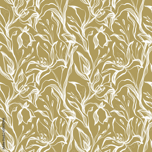 Contour seamless pattern elegant silhouette flower bud tulip. Print for fabric, textile, wallpaper, covers, packaging, paper