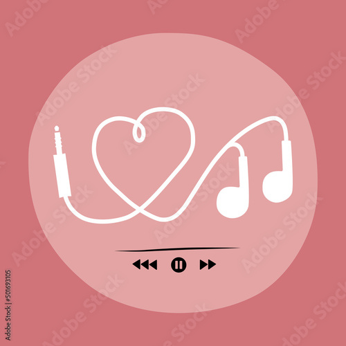 White wired headphones in heart shape and player buttons on pink background. Vector illustration.