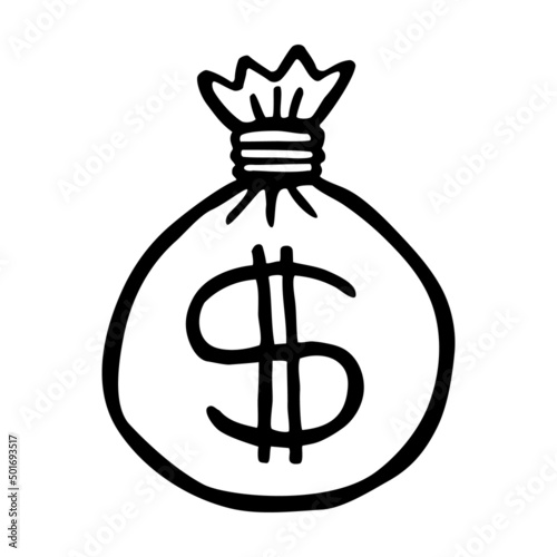 Doodle money bag icon hand drawn with thin black line.