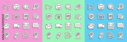 Set line Location and mail and e-mail, Speech bubble chat, Create account screen, Calendar with email, Shield, Megaphone and Mail icon. Vector