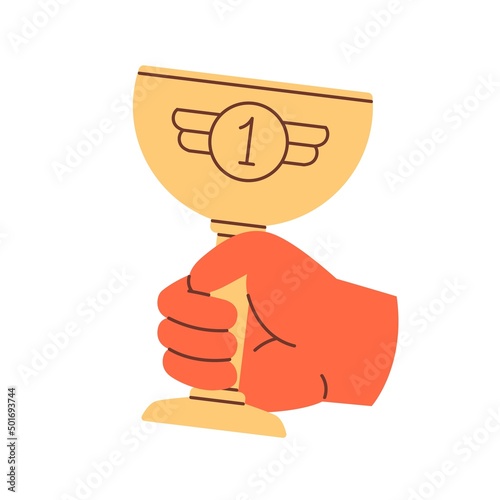 Hand holding trophy, winners cup icon. Leaders arm with gold goblet, award for 1 place. Best prize, reward for champion. Triumph, success concept. Flat vector illustration isolated on white background