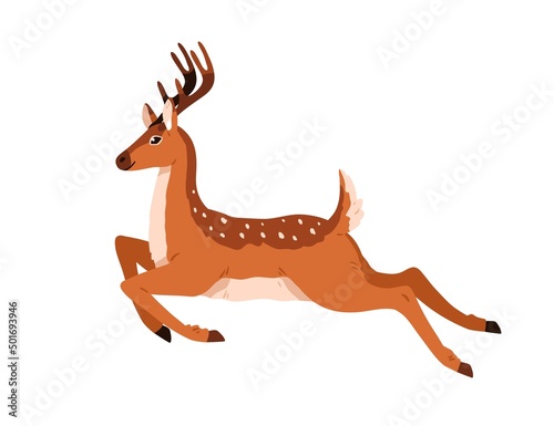Cute deer jumping over  running. Happy baby reindeer in motion. Graceful dotted fawn moving. Profile of spotted horny forest animal. Colored flat vector illustration isolated on white background