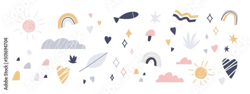 Scandinavian design elements set. Abstract nursery bundle. Cute childish decoration in doodle Scandi style. Rainbow, sun, cloud, star and hearts. Flat vector illustration isolated on white background