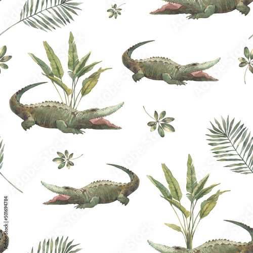 Watercolor crocodile pattern. Safari seamless texture with animals and plants on white background.